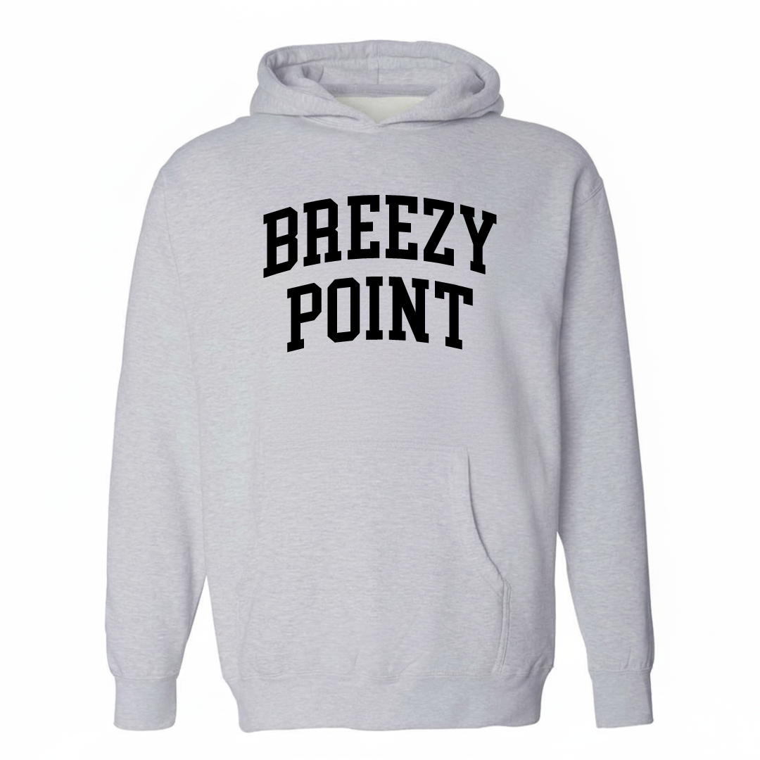 Heather-gray hoodie with the Breezy Point varsity arched lettering design on the chest.