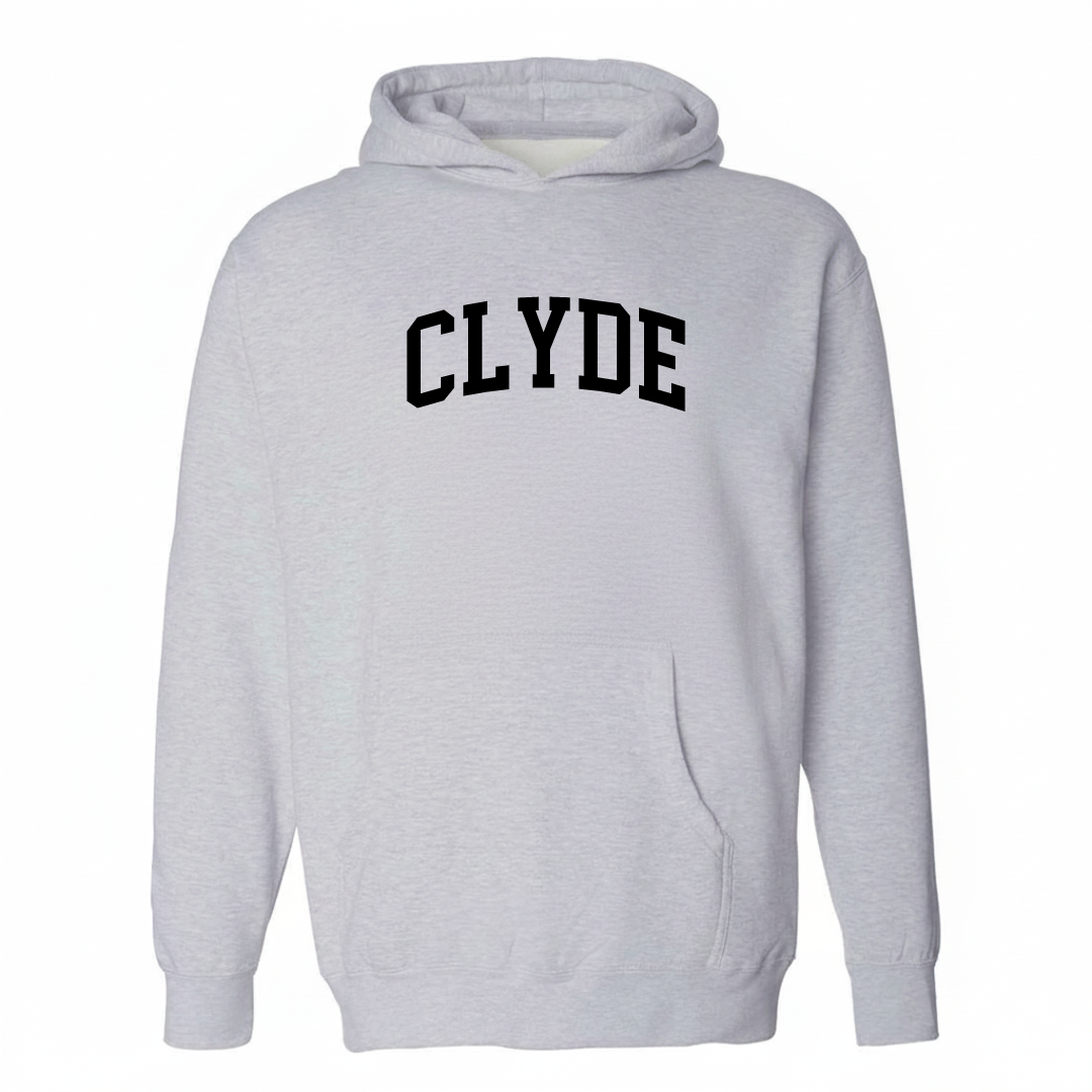 Heather-gray hoodie with the Clyde arched varsity lettering design on the chest.