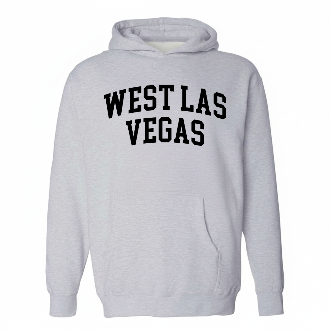 Heather-gray hoodie with the West Las Vegas varsity arched lettering design on the chest.