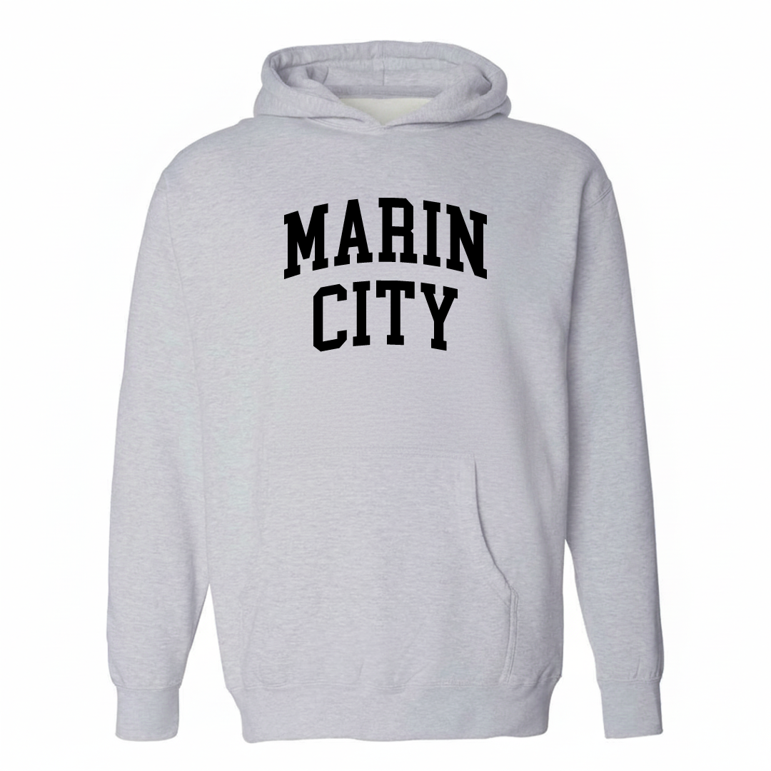 Heather-gray hoodie with the Marin City varsity arched lettering design on the chest.