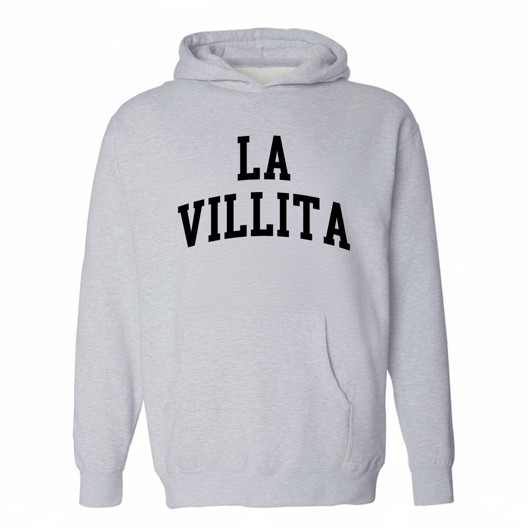 Heather-gray hoodie with the La Villita varsity arched lettering design on the chest.
