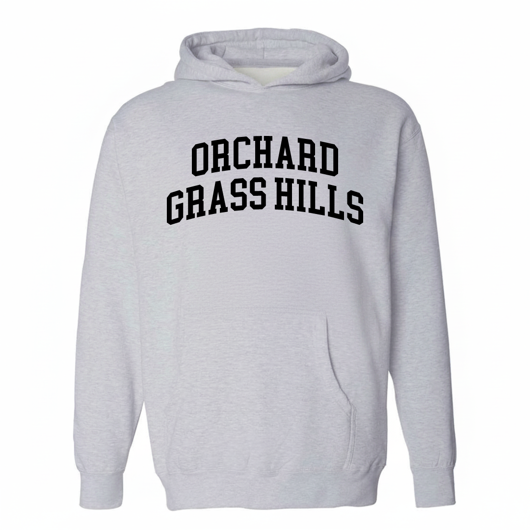 Heather-gray hoodie with the Orchard Grass Hills varsity arched lettering design on the chest.