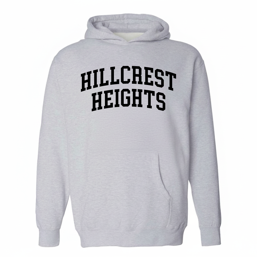 Heather-gray hoodie with the Hillcrest Heights varsity arched lettering design on the chest.