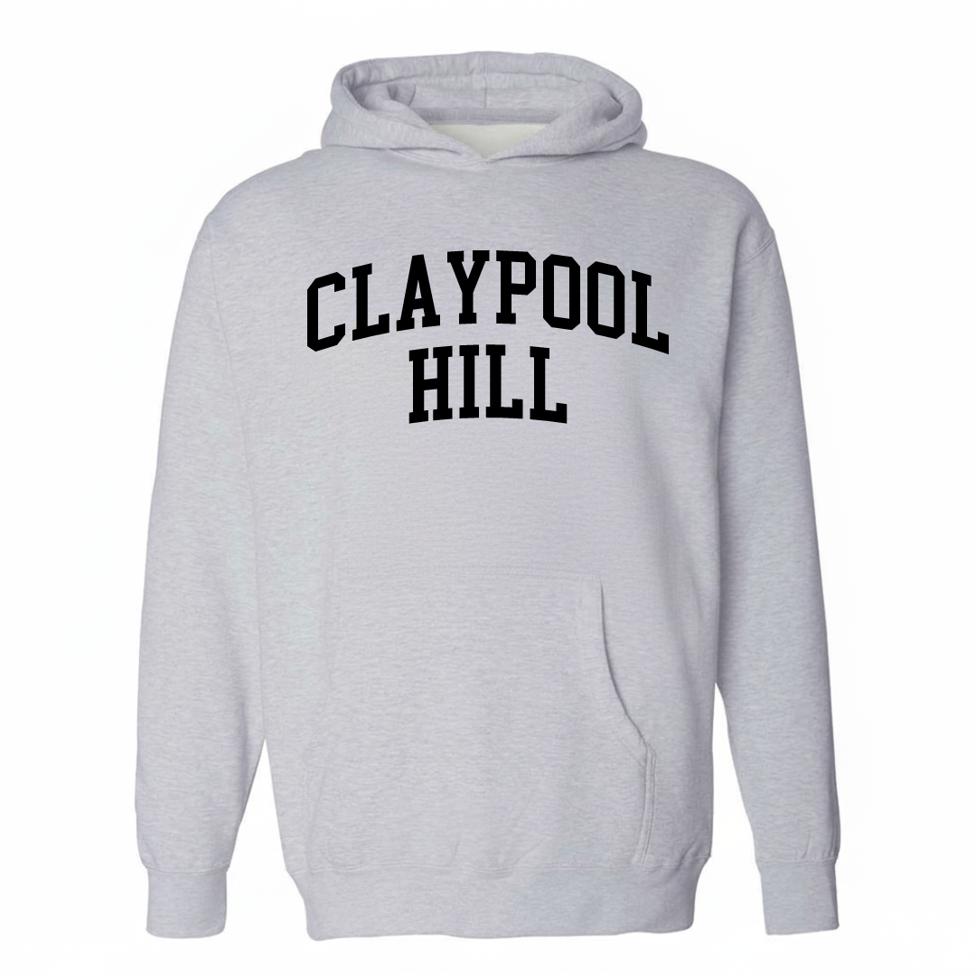 Heather-gray hoodie with the Claypool Hill varsity arched lettering design on the chest.