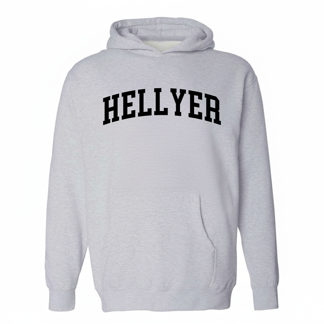 Heather-gray hoodie with the Hellyer arched varsity lettering design on the chest.