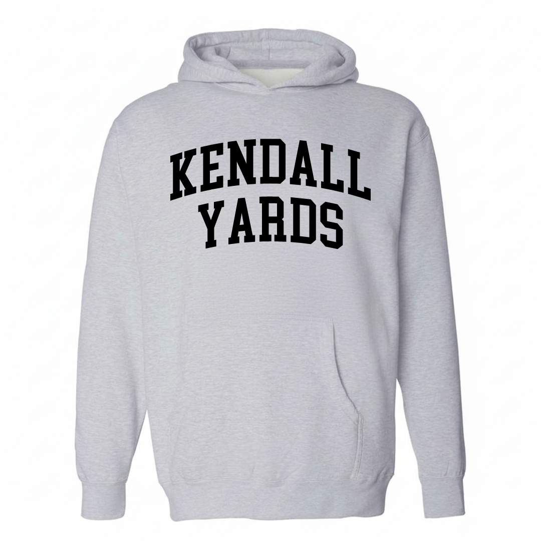 Heather-gray hoodie with the Kendall Yards arched varsity lettering design on the chest.