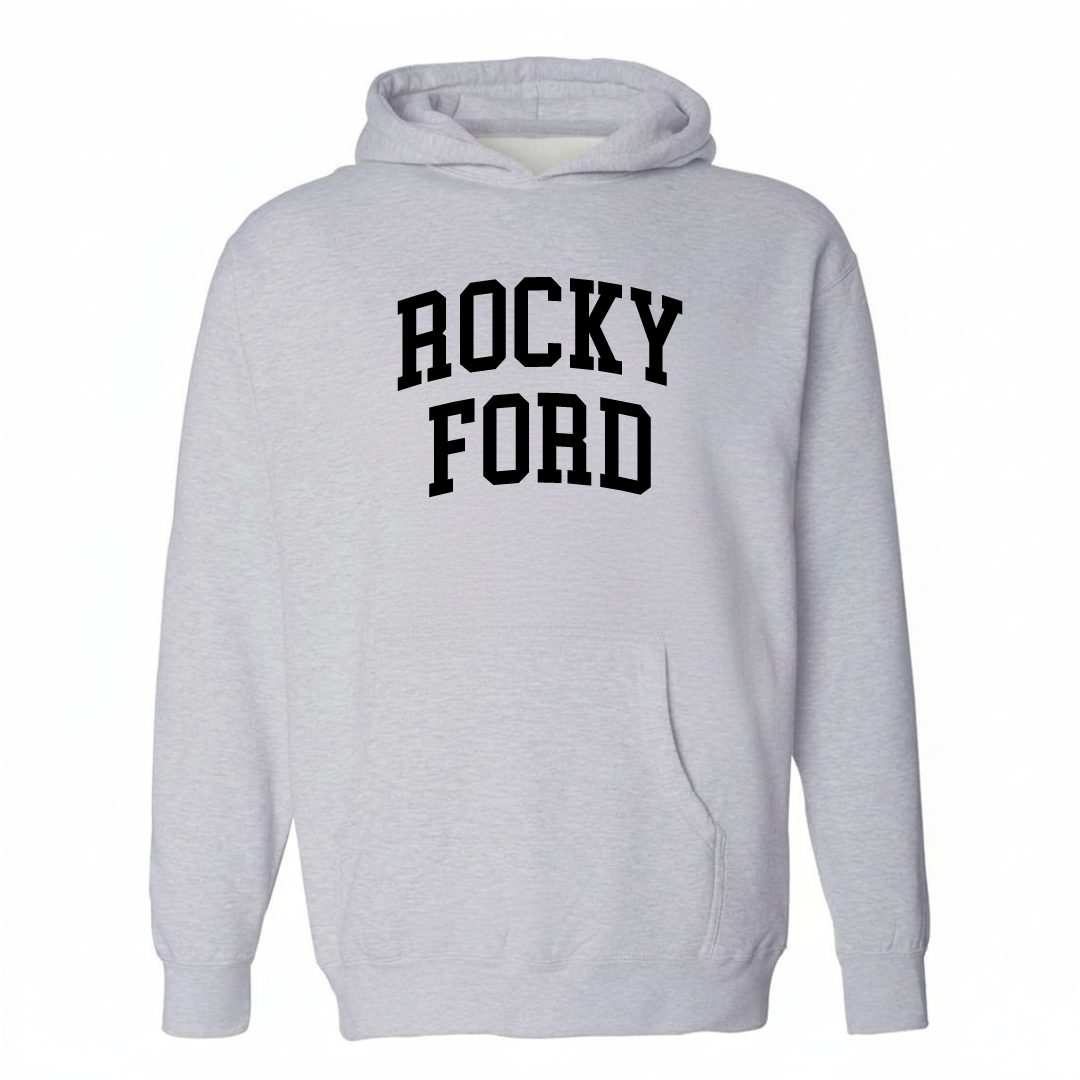 Heather-gray hoodie with the Rocky Ford varsity arched lettering design on the chest.