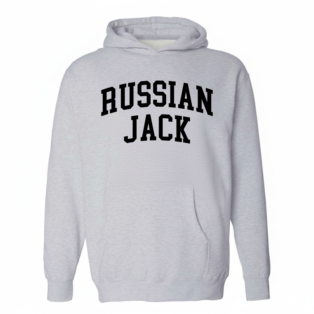 Heather-gray hoodie with the Russian Jack varsity arched lettering design on the chest.