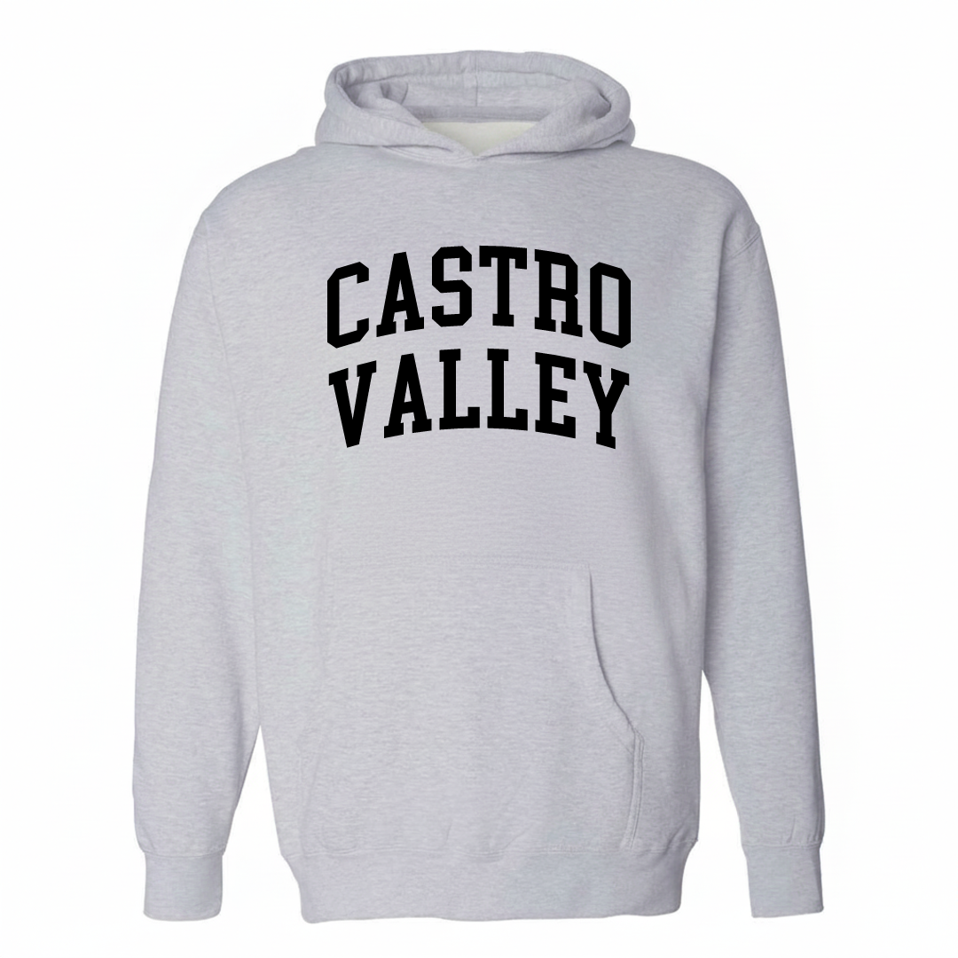 Heather-gray hoodie with the Castro Valley varsity arched lettering design on the chest.