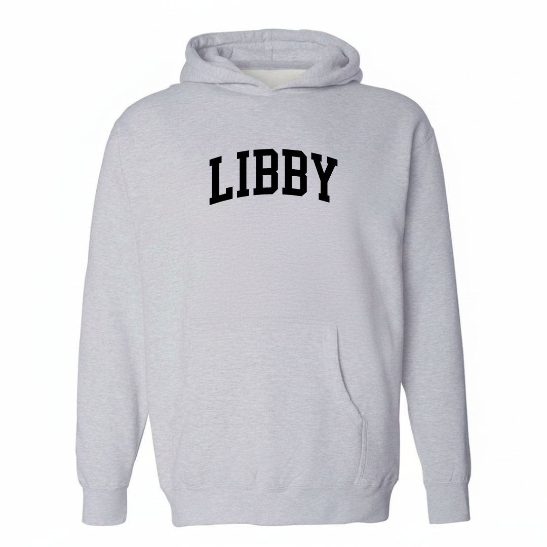 Heather-gray hoodie with the Libby, Montana varsity arched lettering design on the chest.