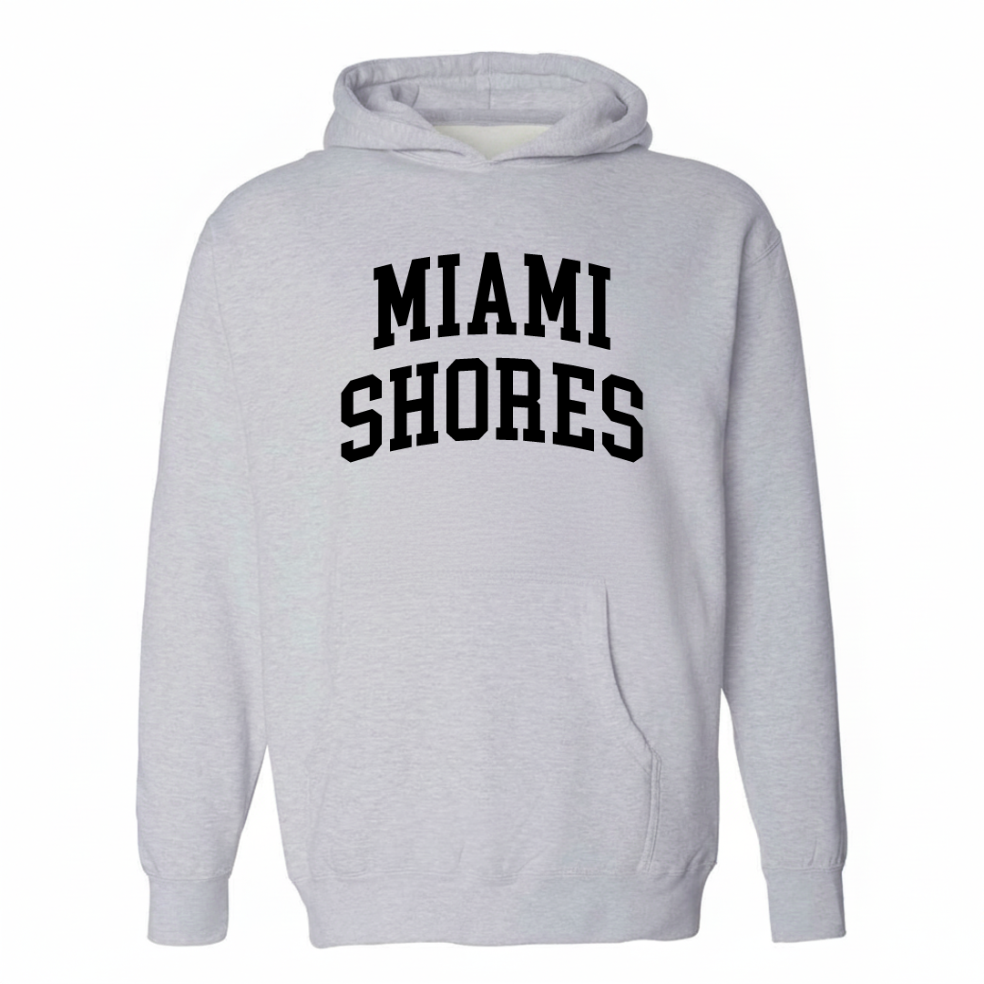 Heather-gray hoodie with the Miami Shores arched lettering design on the chest.