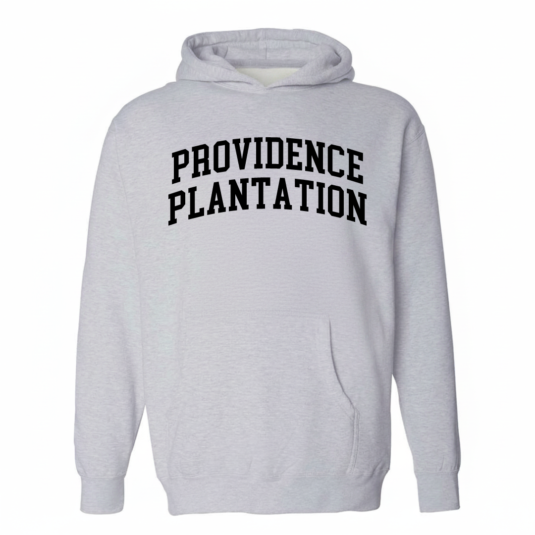 Heather-gray hoodie with the Providence Plantation varsity arched lettering design on the chest.