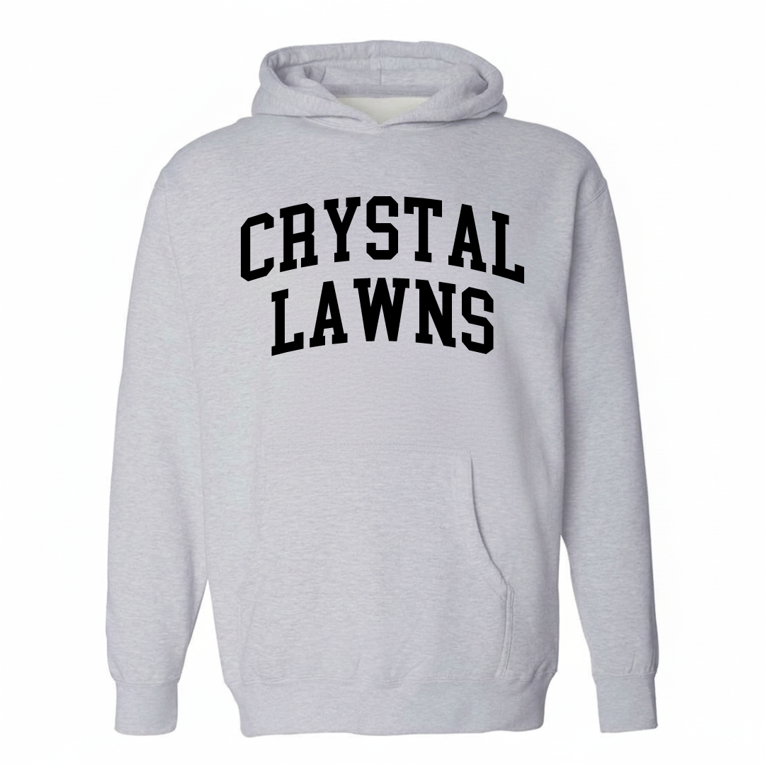 Heather-gray hoodie with the Crystal Lawns arched varsity lettering design on the chest.