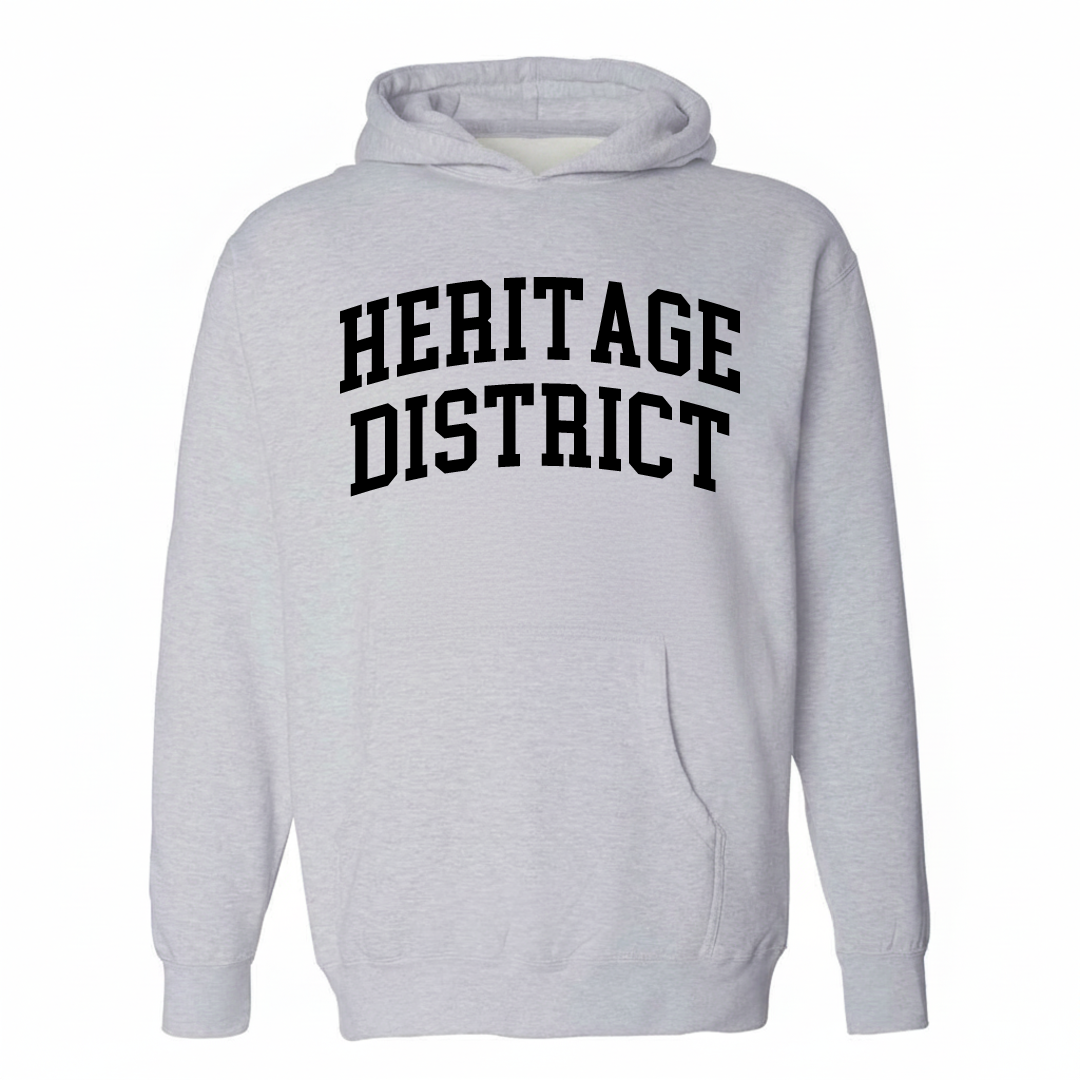 Heather-gray hoodie with the Heritage District varsity arched lettering design on the chest.