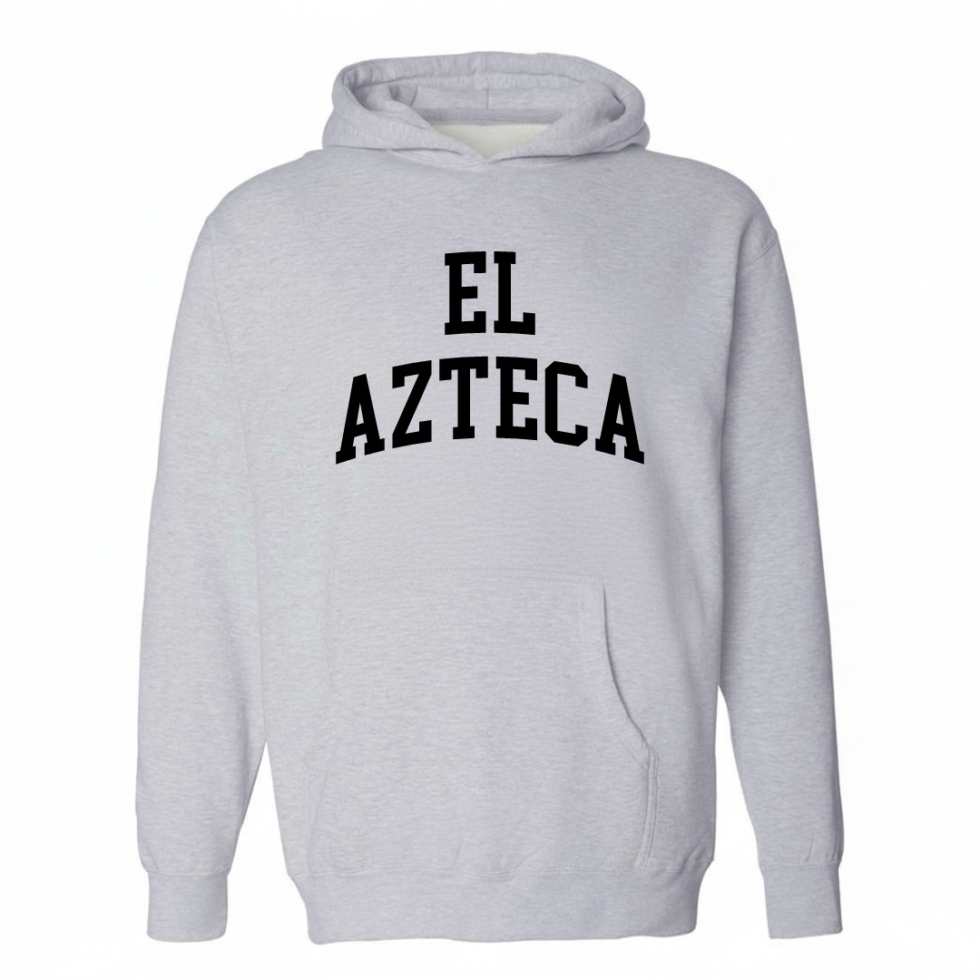 Heather-gray hoodie with the El Azteca arched lettering varsity design on the chest.