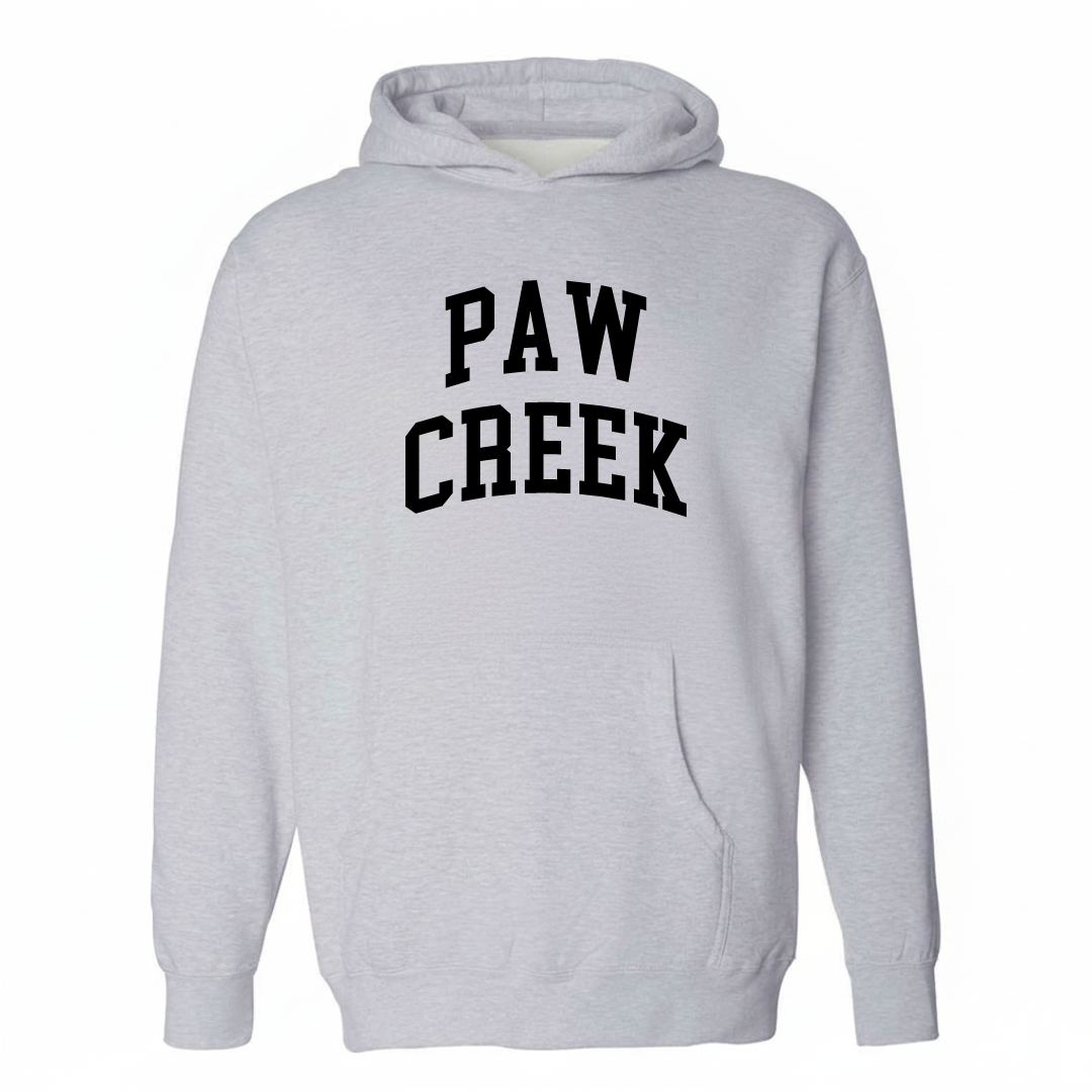 Heather-gray hoodie with the Paw Creek arched lettering varsity-collegiate design on the chest.