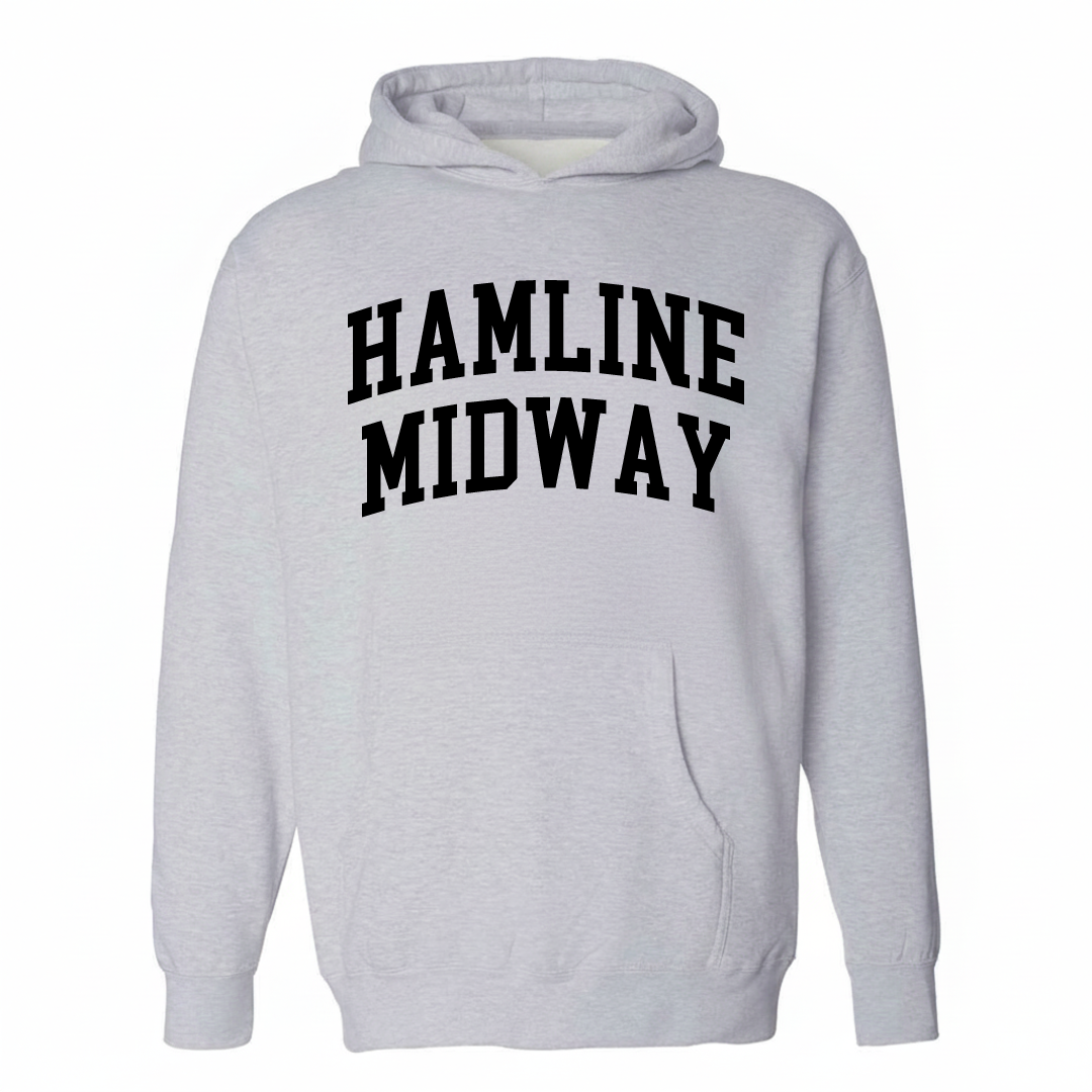 Heather-gray hoodie with the Hamline-Midway varsity arched lettering design on the chest.