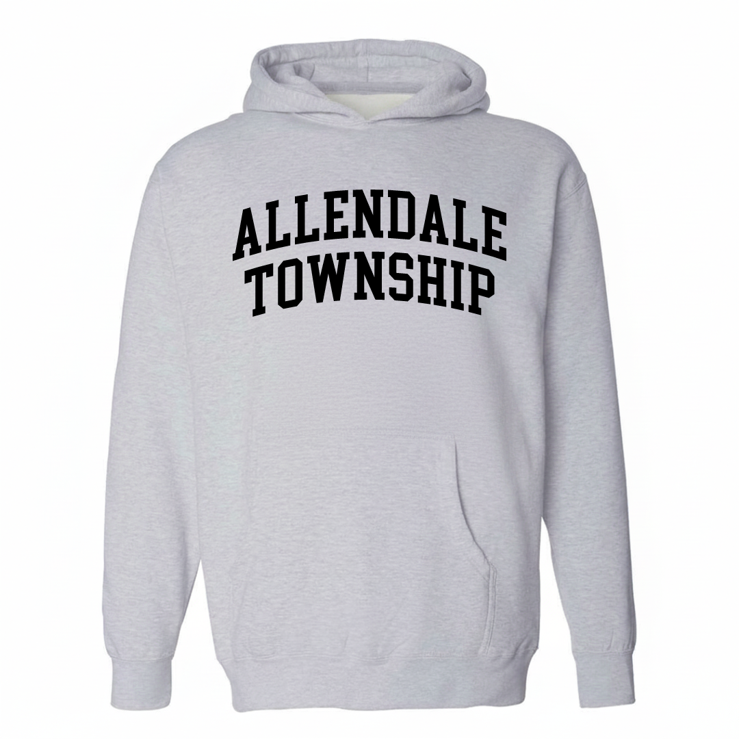 Heather-gray hoodie with the Allendale Township varsity arched lettering design on the chest.