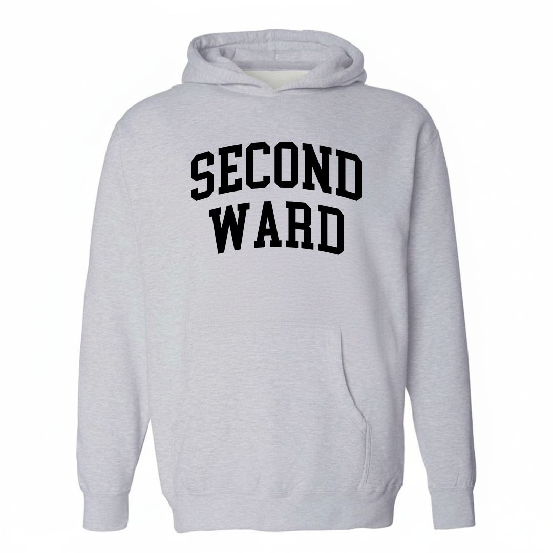 Heather-gray hoodie with the Second Ward varsity arched lettering design on the chest.