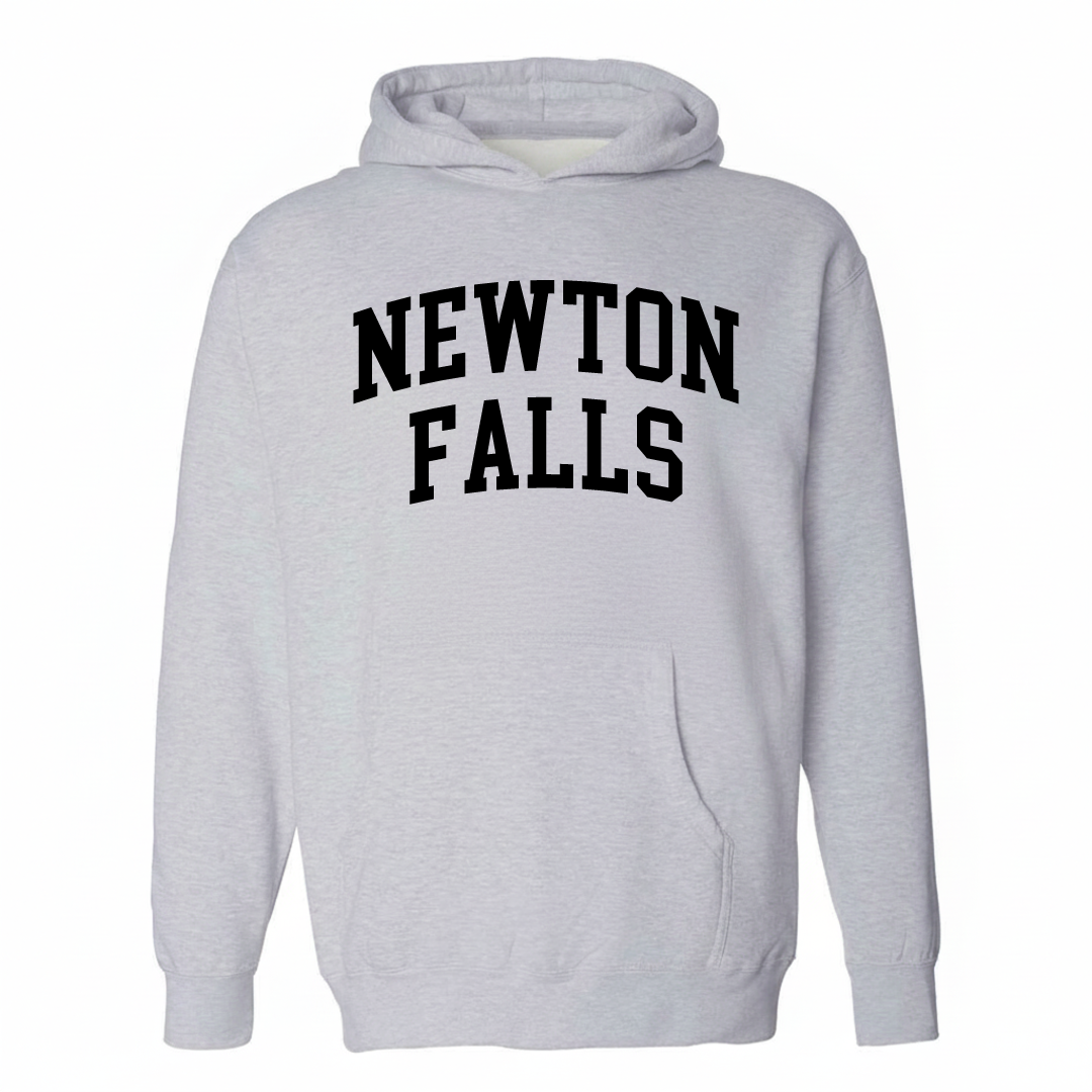 Heather-gray hoodie with the Newton Falls arched lettering design on the chest.