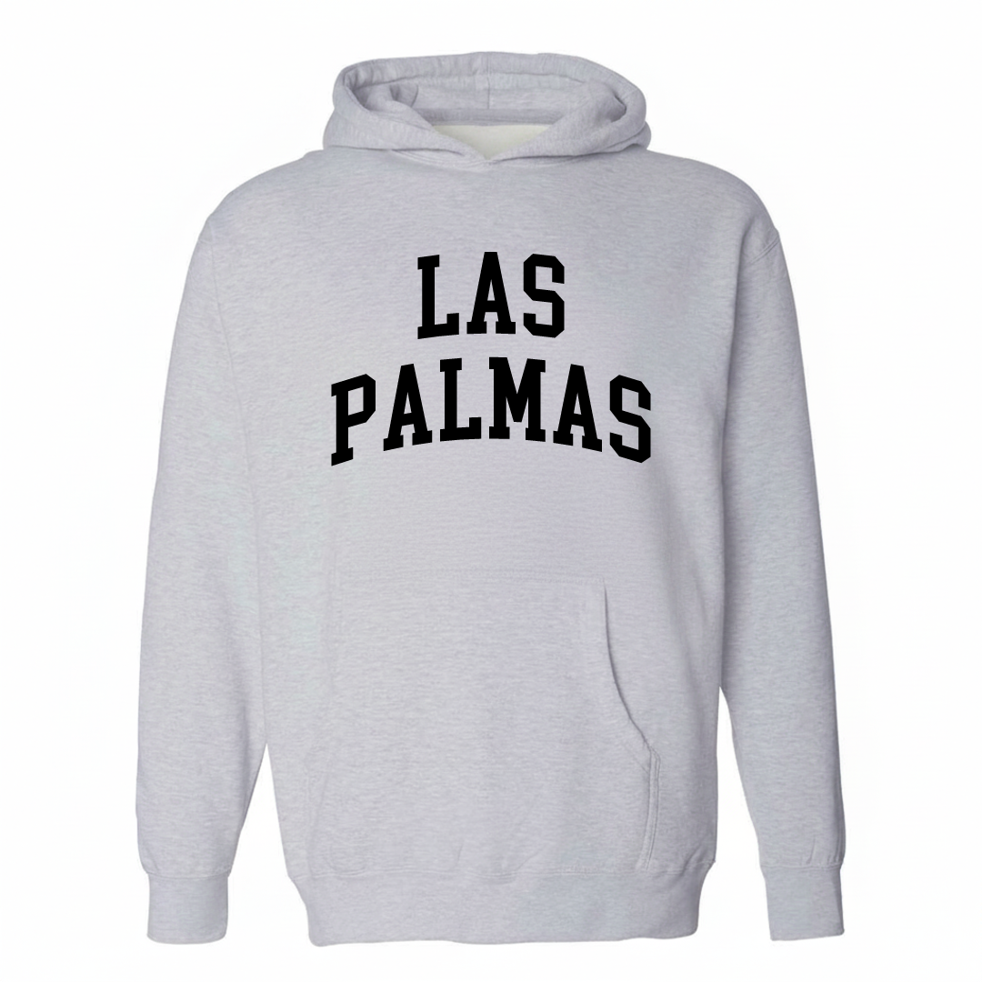 Heather-gray hoodie with the Las Palmas varsity arched lettering design on the chest.