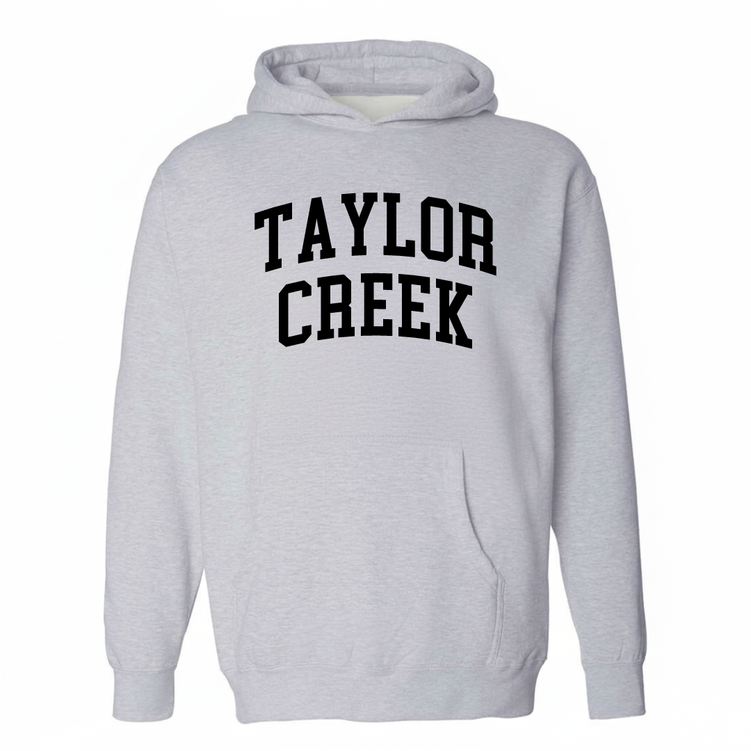 Heather-gray hoodie with the Taylor Creek varsity arched lettering design on the chest.