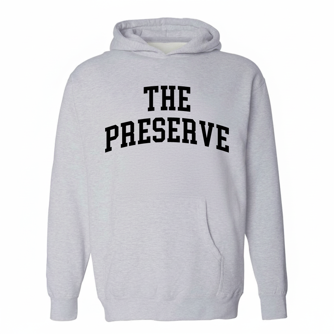 Heather-gray hoodie with The Preserve varsity arched lettering design on the chest.