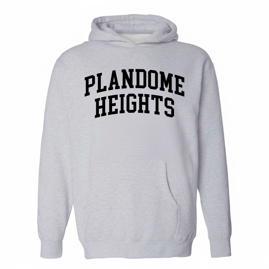 Heather-gray hoodie with the Plandome Heights varsity arched lettering design on the chest.