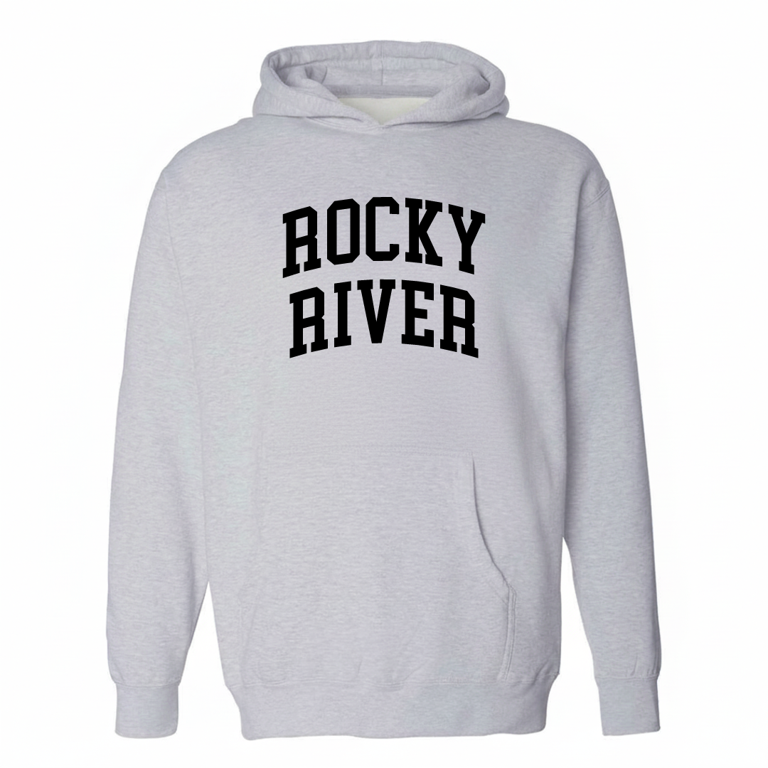 Heather-gray hoodie with the Rocky River varsity arched lettering design on the chest.