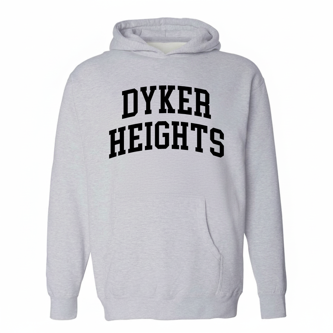 Heather-gray hoodie with the Dyker Heights varsity arched lettering design on the chest.