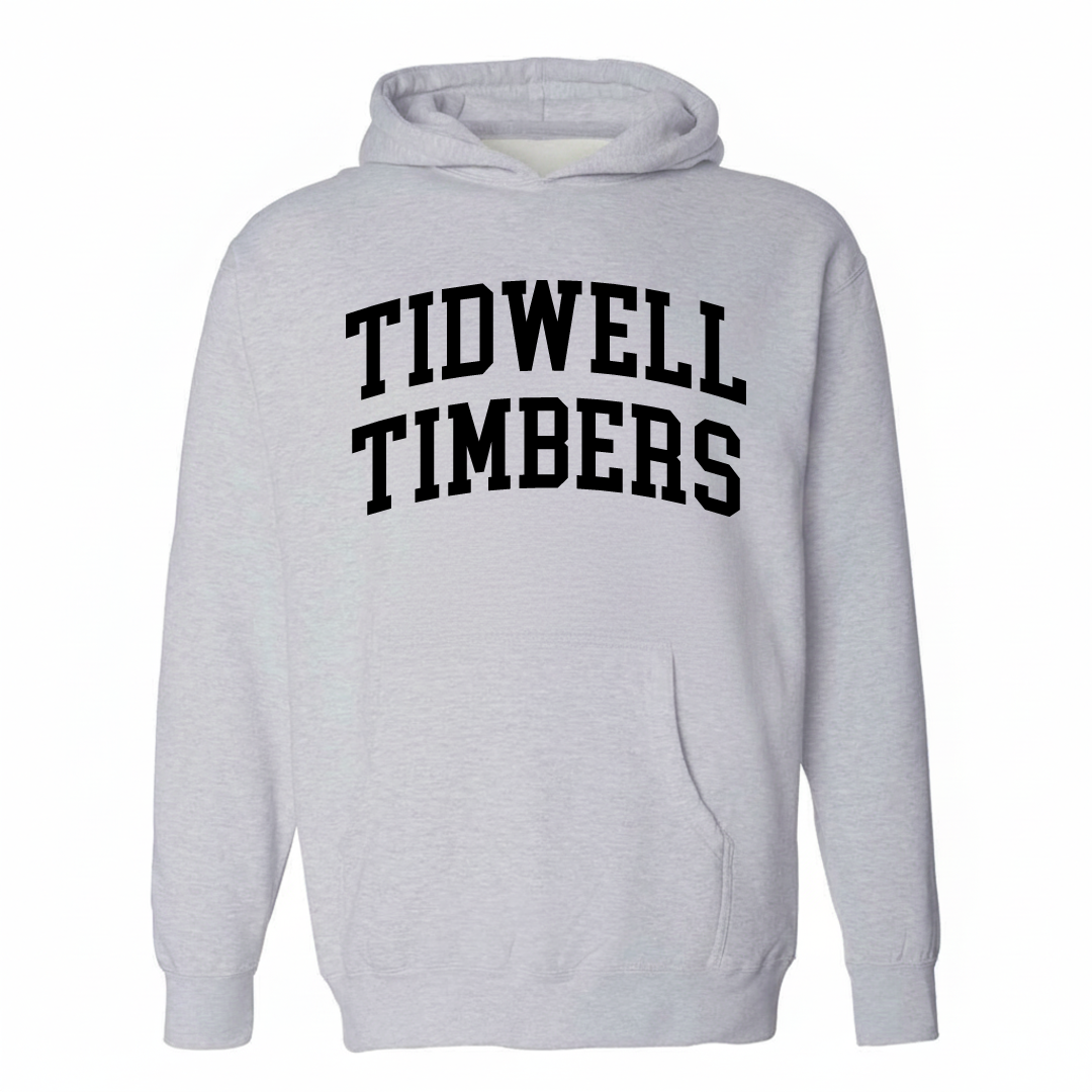 Heather-gray hoodie with the Tidwell Timbers varsity arched lettering design on the chest.