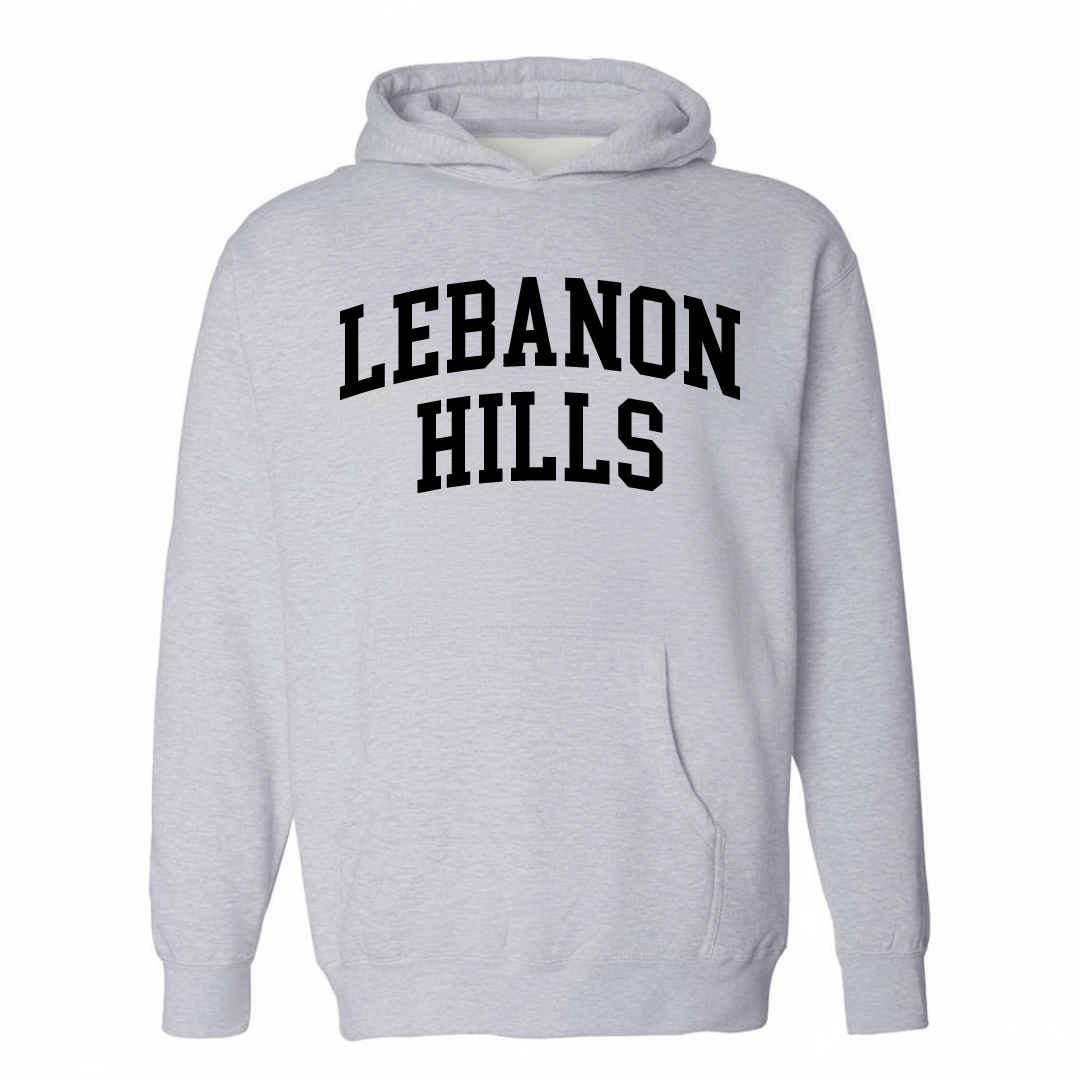 Heather-gray hoodie with the Lebanon Hills arched varsity lettering design on the chest.