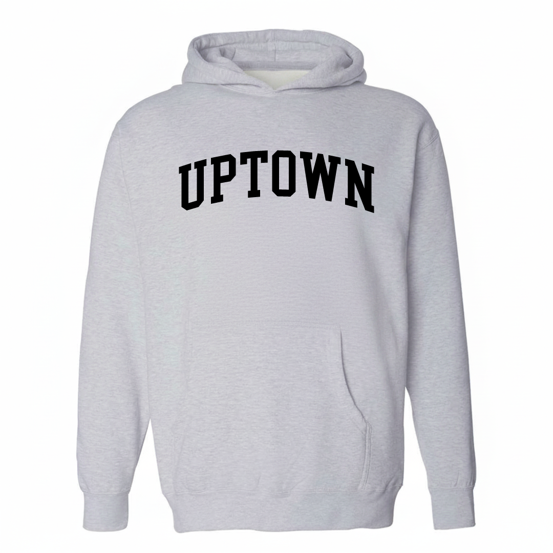 Heather-gray hoodie with the Uptown Charlotte varsity arched lettering design on the chest.