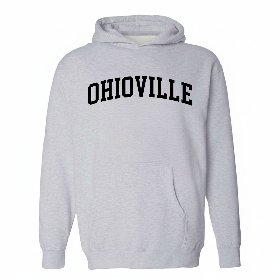 Heather-gray hoodie with the Ohioville varsity arched lettering design on the chest.