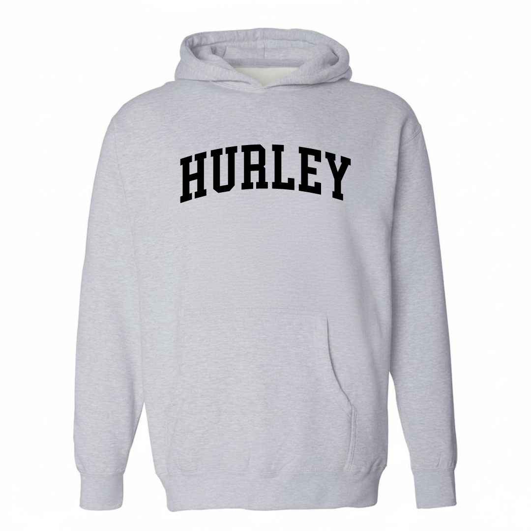 Heather-gray hoodie with the Hurley varsity arched lettering design on the chest.