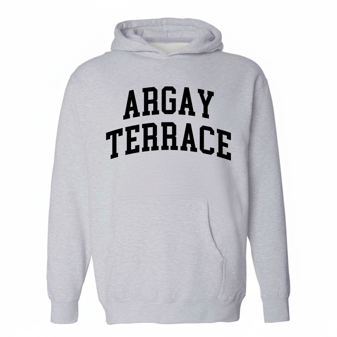 Heather-gray hoodie with the Argay Terrace varsity arched lettering design on the chest.
