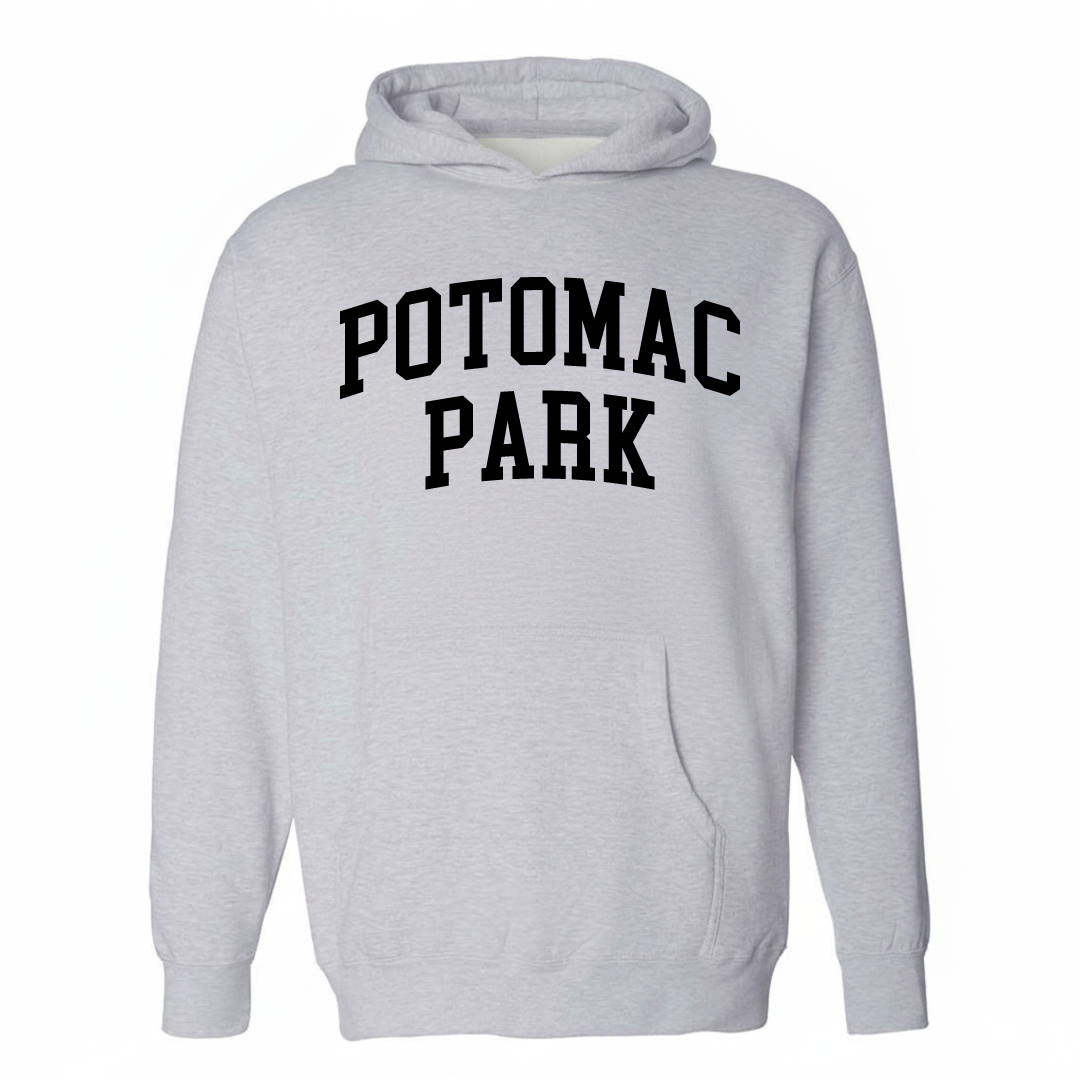 Heather-gray hoodie with the Potomac Park varsity arched lettering design on the chest.