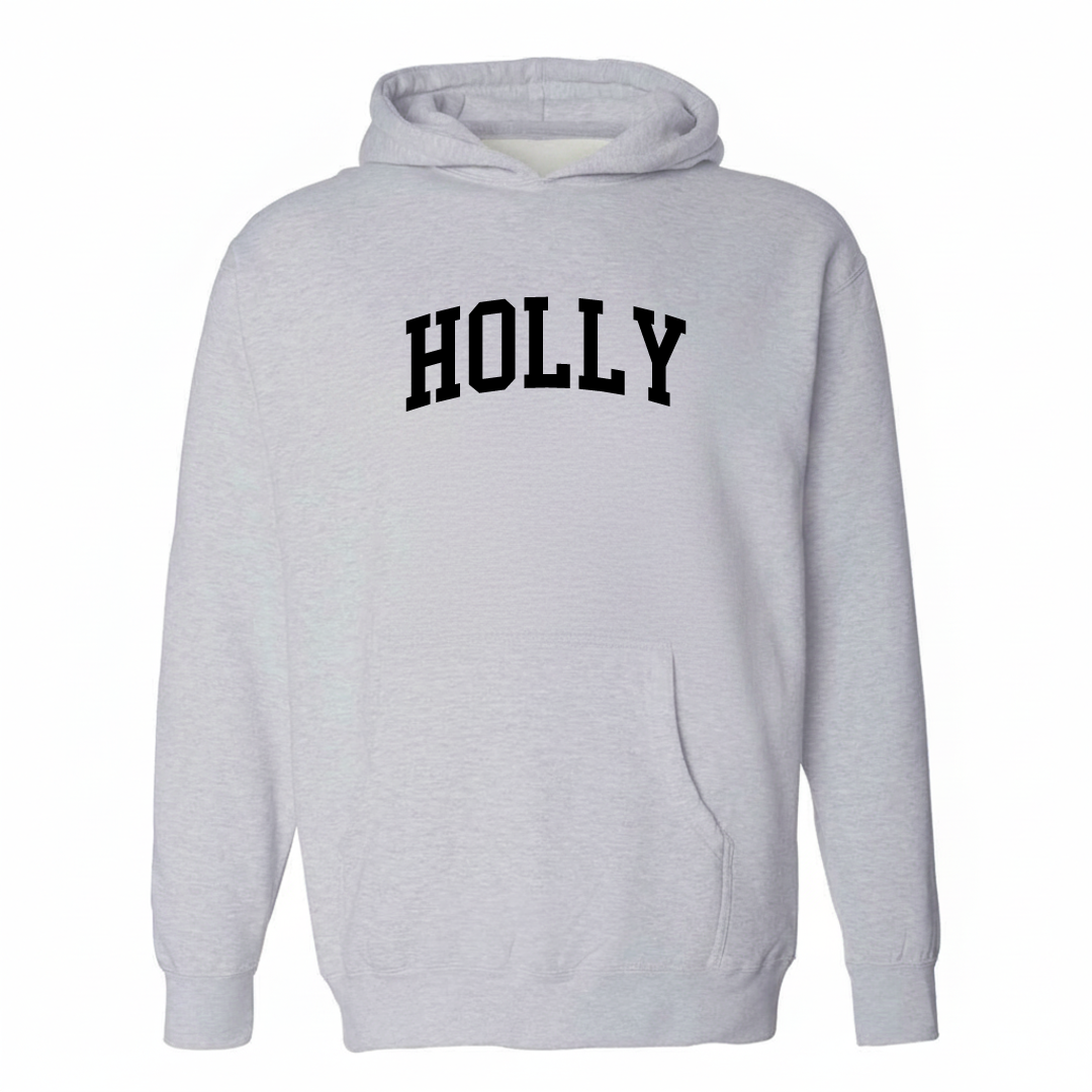 Heather-gray hoodie with the Holly East Austin varsity arched lettering design on the chest.