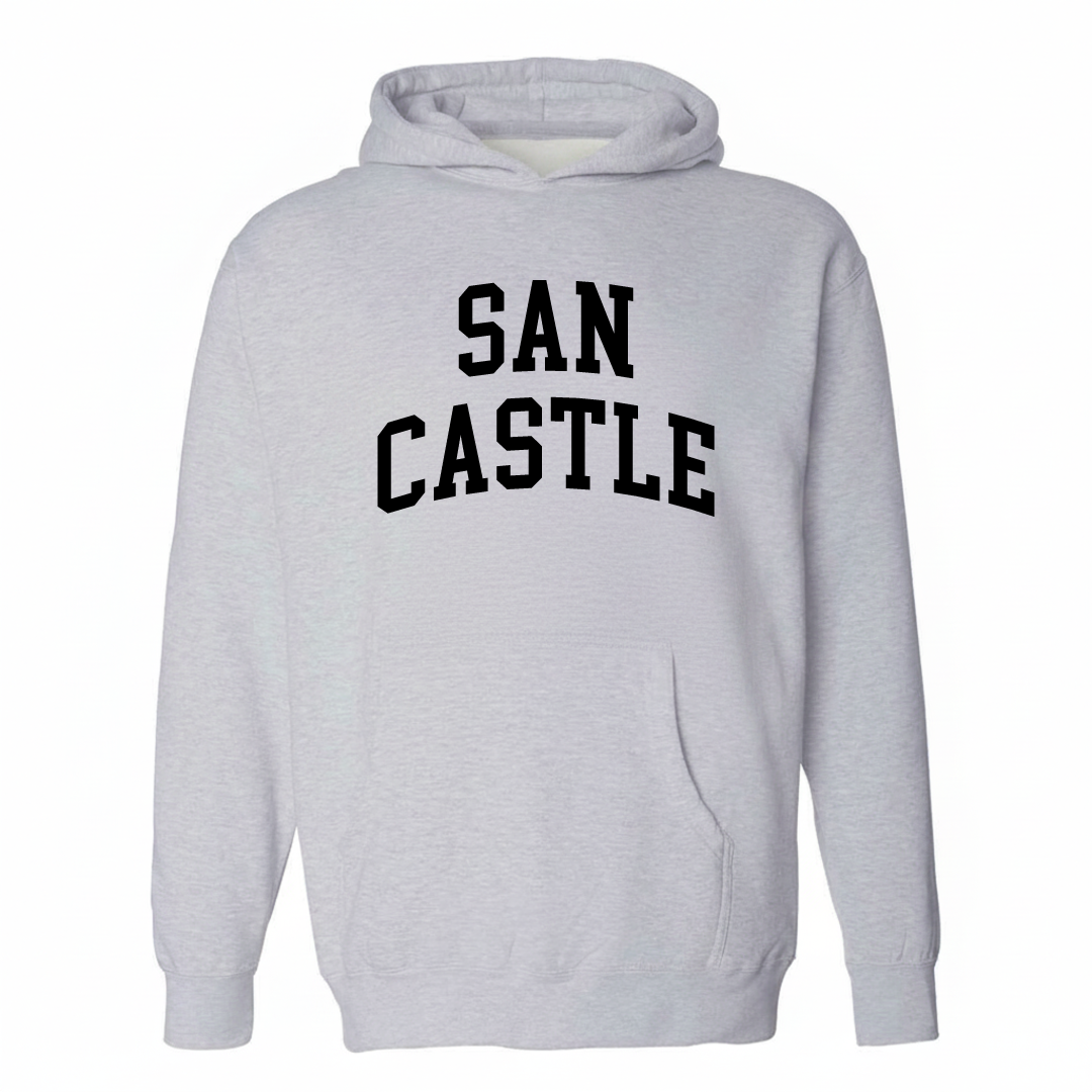 Heather-gray hoodie with the San Castle varsity arched lettering design on the chest.