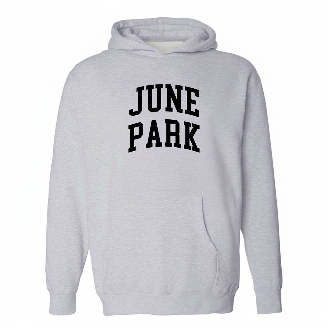 Heather-gray hoodie with the June Park arched lettering varsity-collegiate design on the chest.