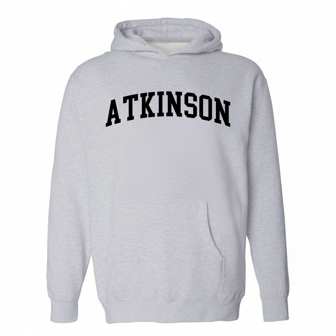 Heather-gray hoodie with the Atkinson varsity arched lettering design on the chest.