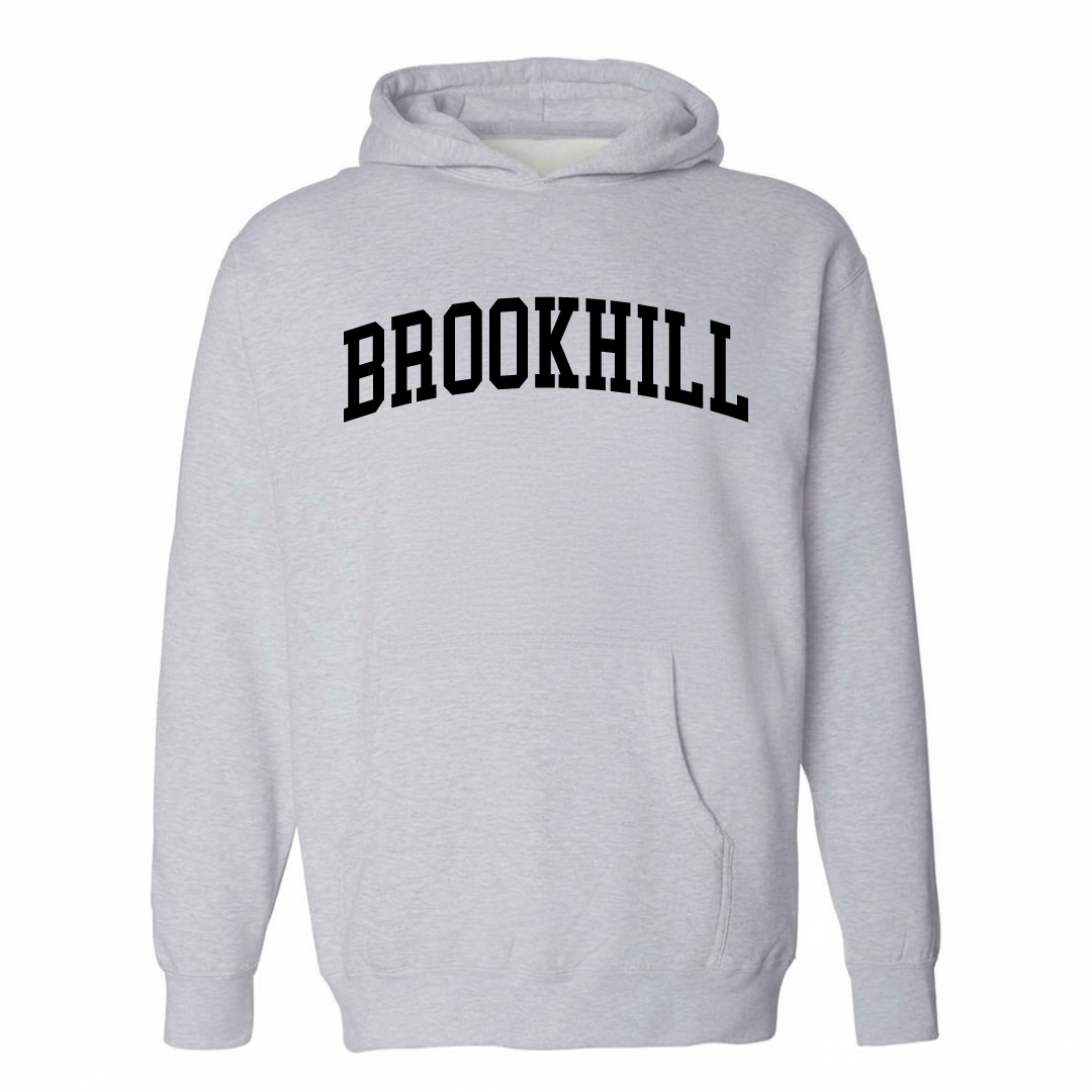Heather-gray hoodie with the Brookhill varsity arched lettering design on the chest.