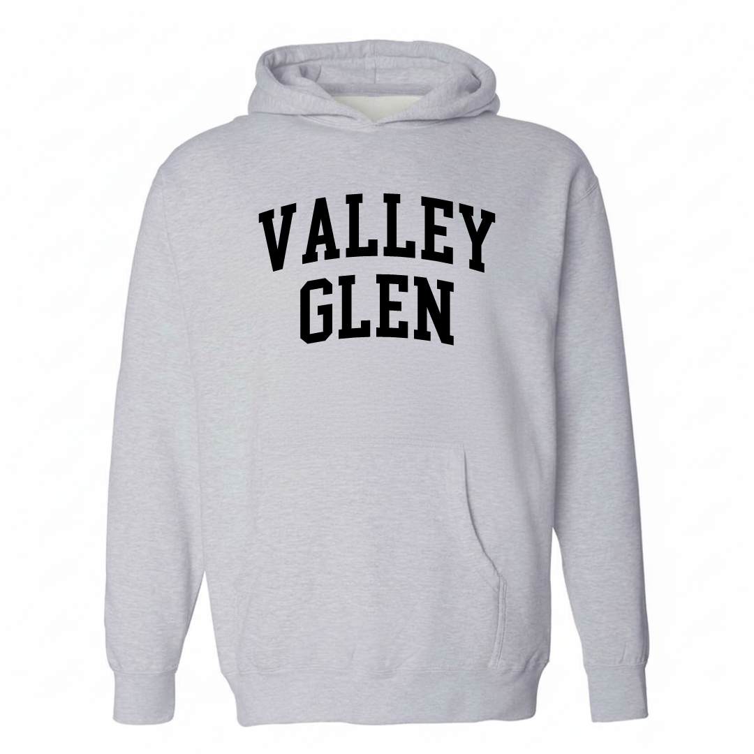 Heather-gray hoodie with the Valley Glen varsity arched lettering design on the chest.