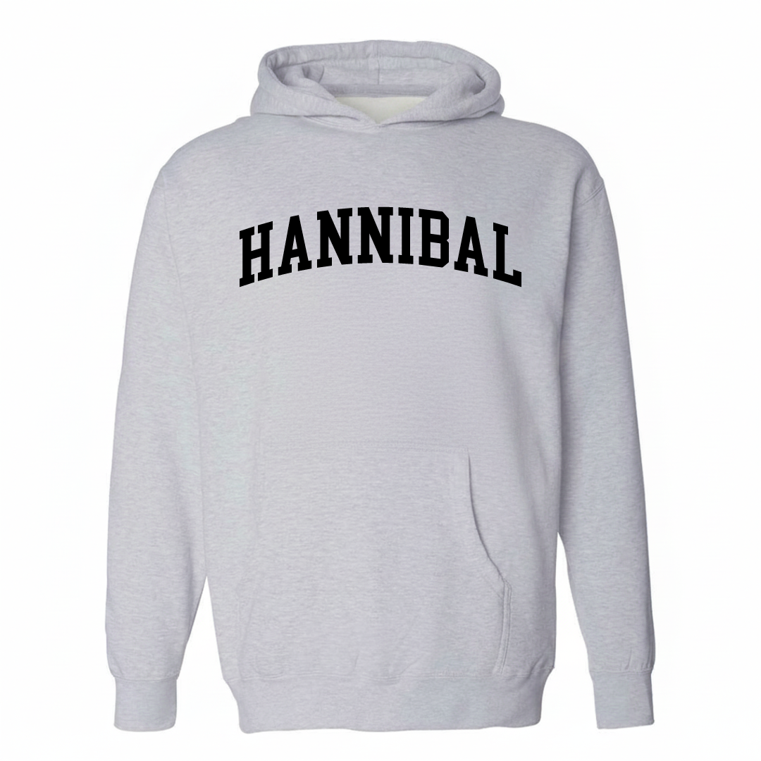Heather-gray hoodie with the Hannibal varsity arched lettering design on the chest.