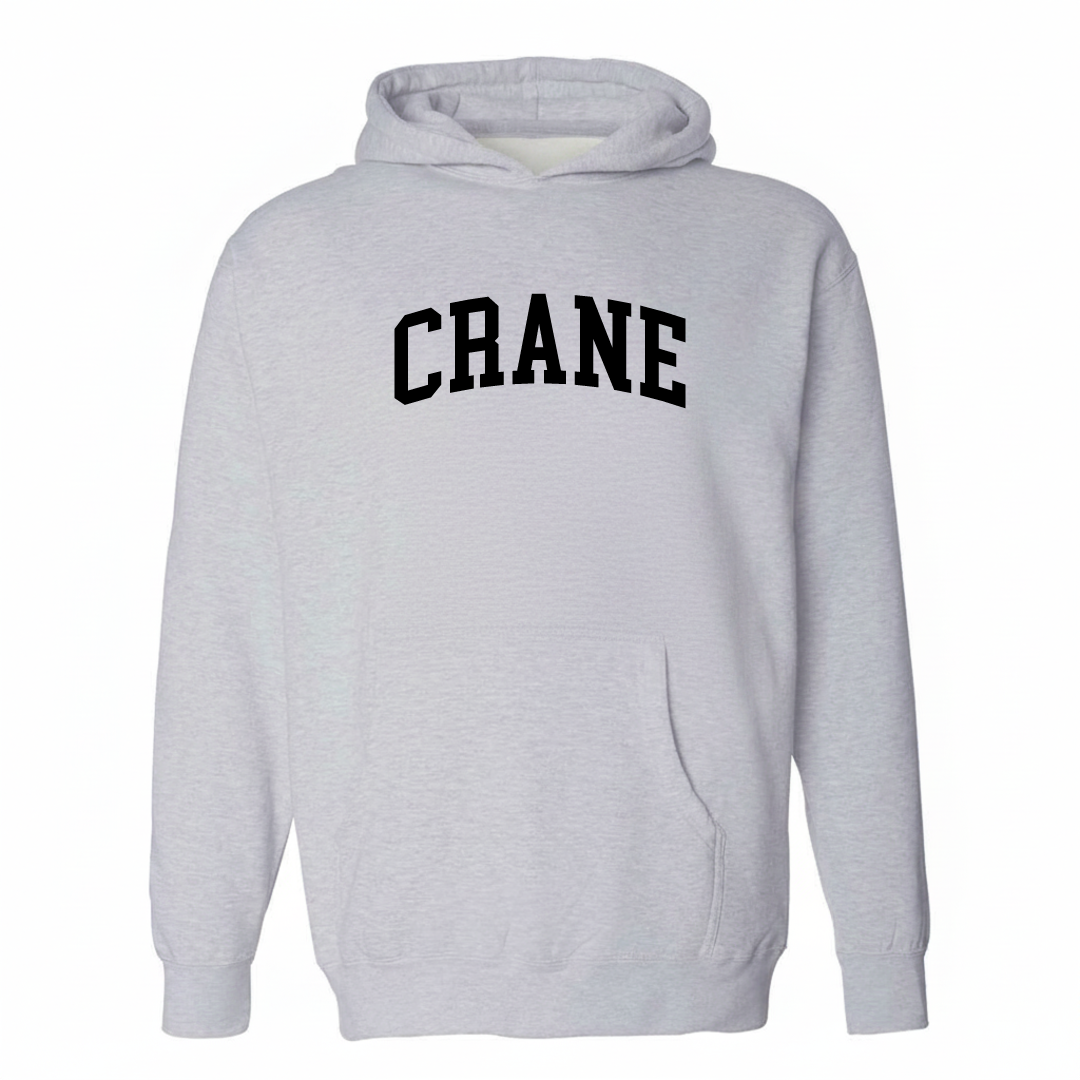 Heather-gray hoodie with the Crane varsity arched lettering design on the chest.