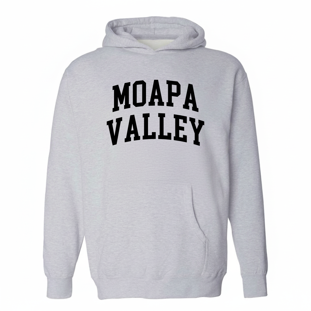 Heather-gray hoodie with the Moapa Valley varsity arched lettering design on the chest.