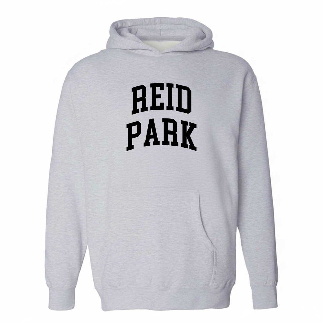 Heather-gray hoodie with the Reid Park varsity arched lettering design on the chest.