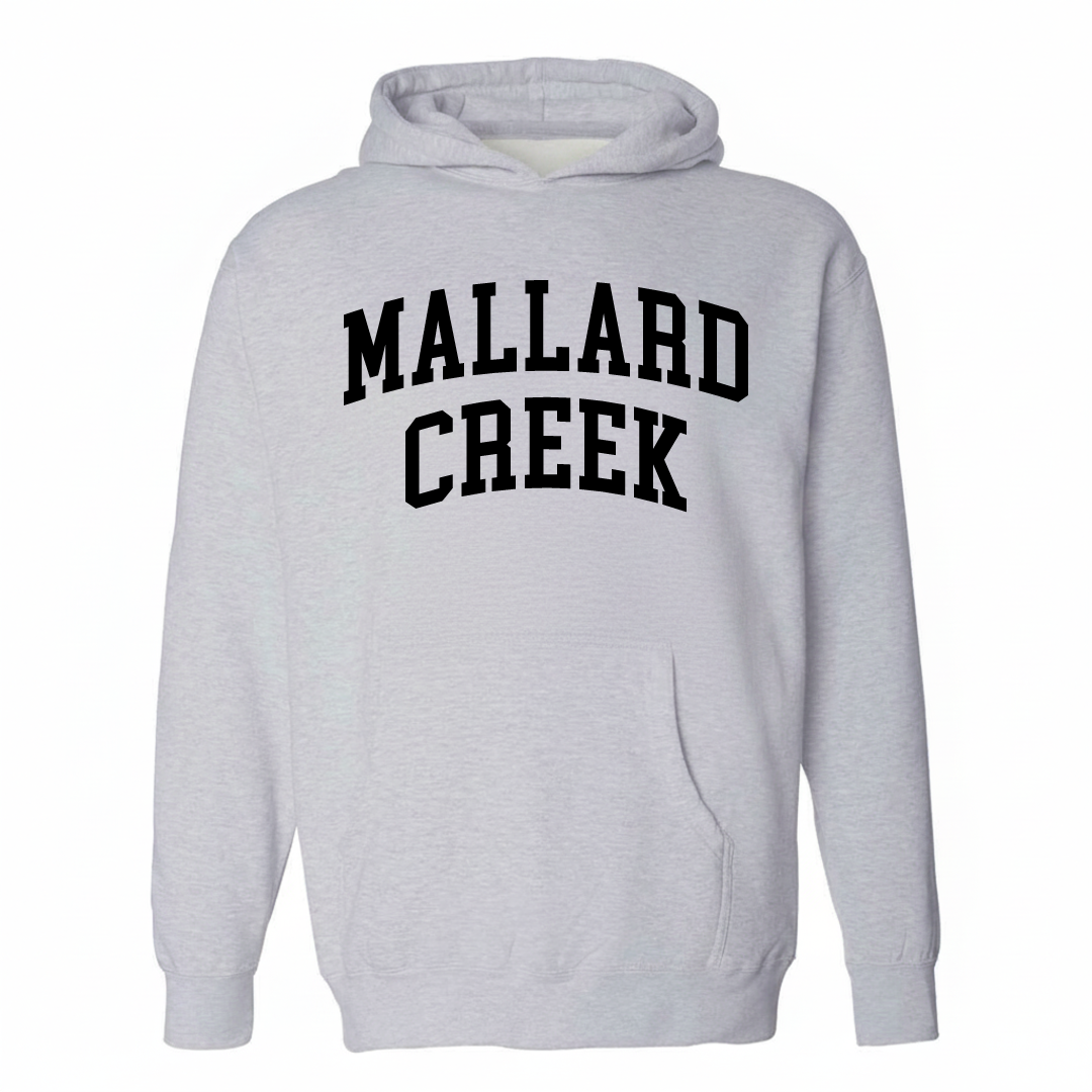 Heather-gray hoodie with the Mallard Creek varsity arched lettering design on the chest.