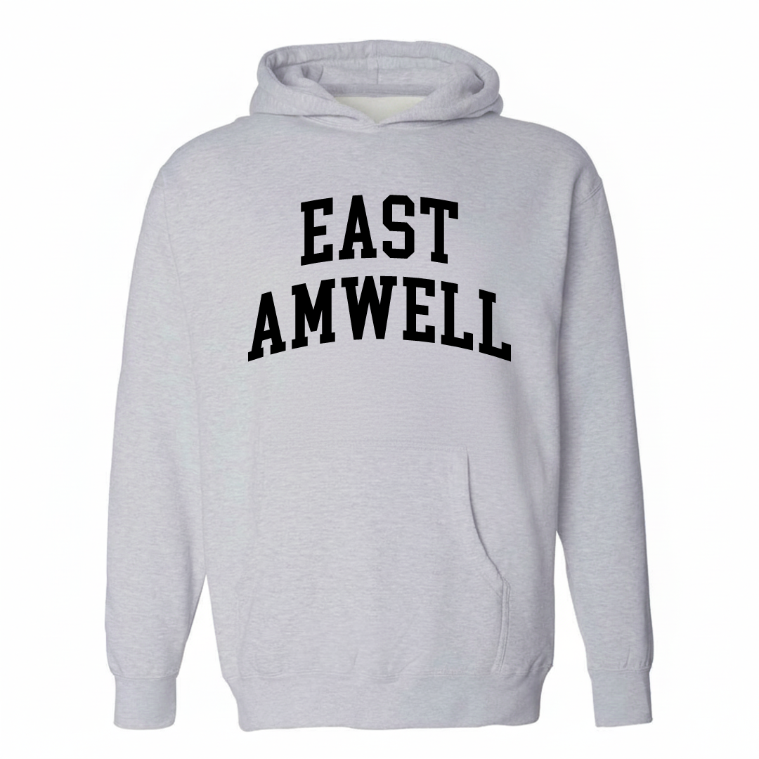Heather-gray hoodie with the East Amwell varsity arched lettering design on the chest.