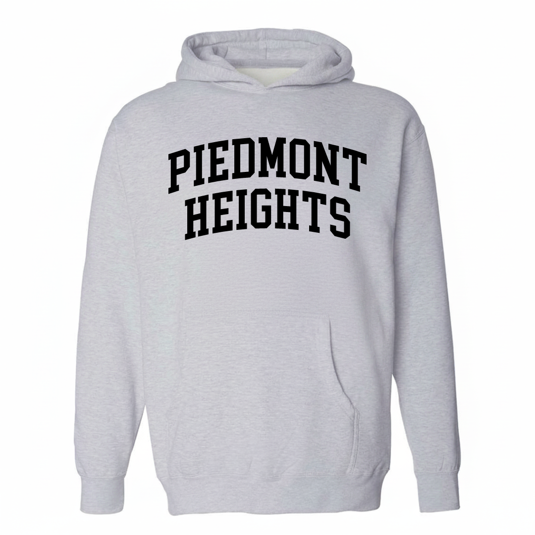 Heather-gray hoodie with the Piedmont Heights arched lettering design on the chest.